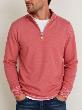 Robert Graham Men’s Red White Striped 1/4 Zip Cotton Sweater Size Large